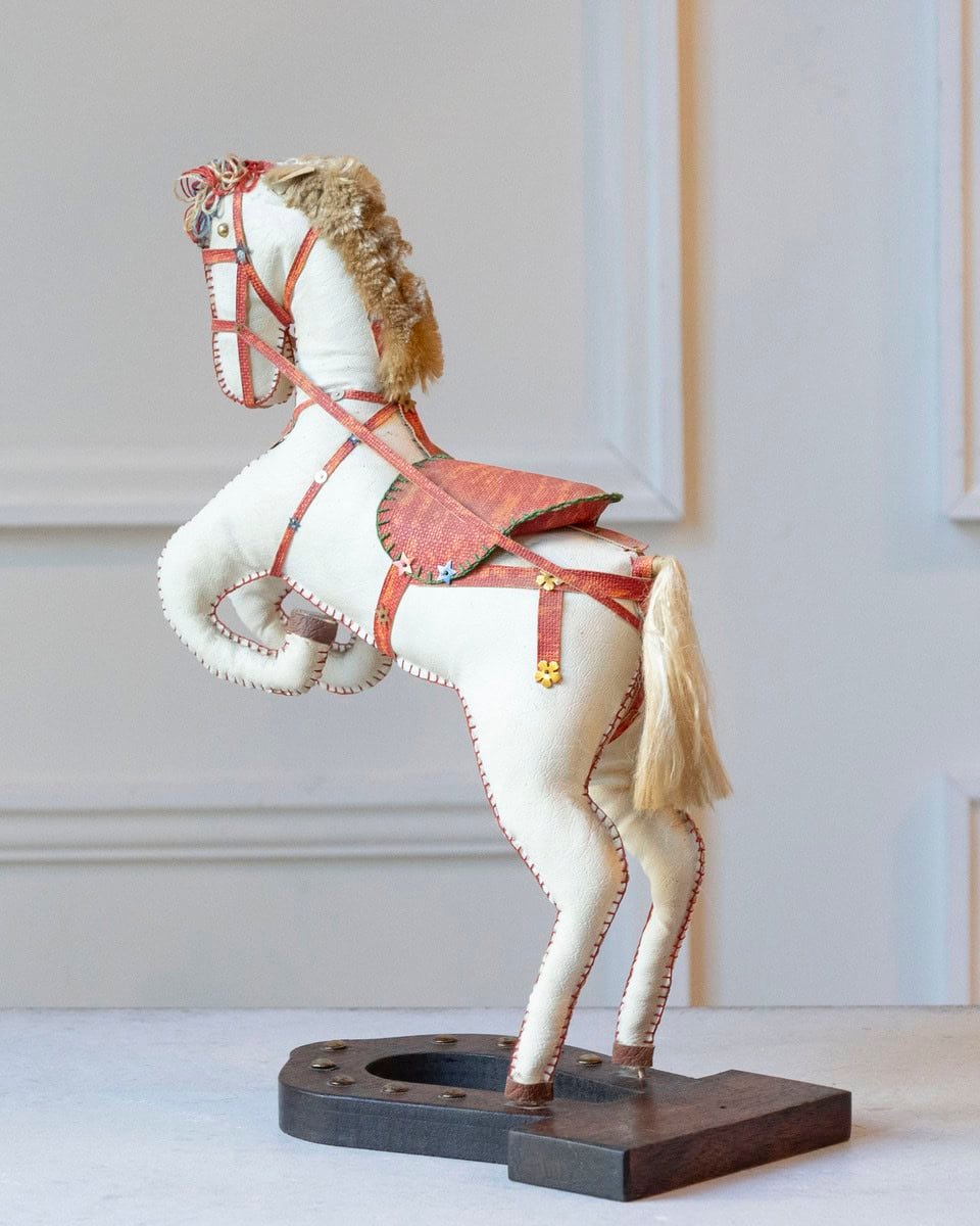 French 20th Century Decorative Moleskin Horse Sculpture with Ornate Polychrome Saddle in Rearing Pose - JAA