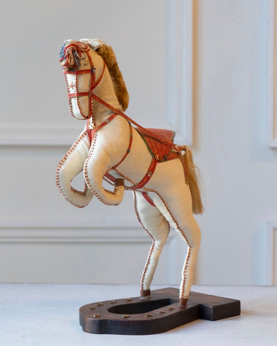 French 20th Century Decorative Moleskin Horse Sculpture with Ornate Polychrome Saddle in Rearing Pose - JAA