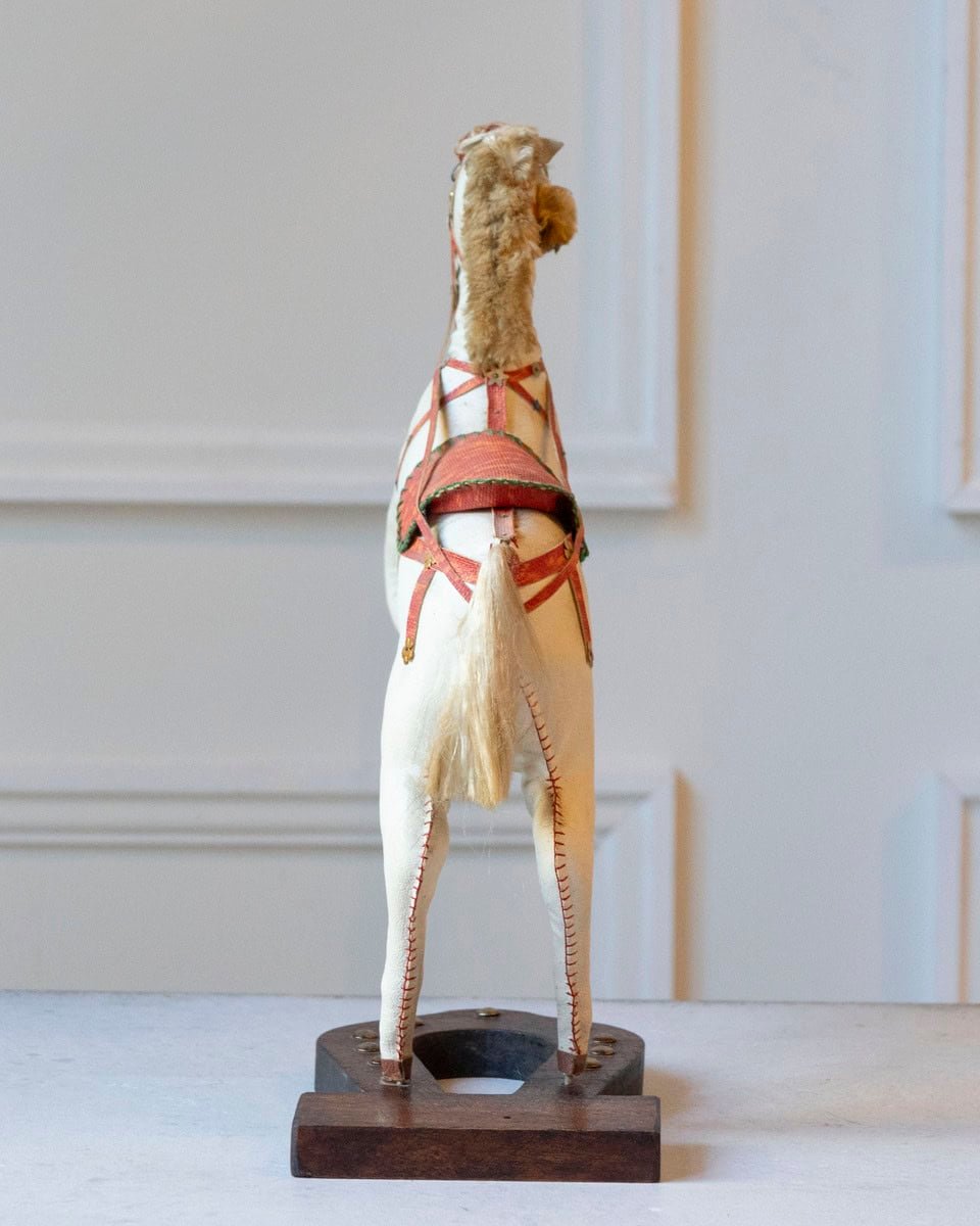 French 20th Century Decorative Moleskin Horse Sculpture with Ornate Polychrome Saddle in Rearing Pose - JAA