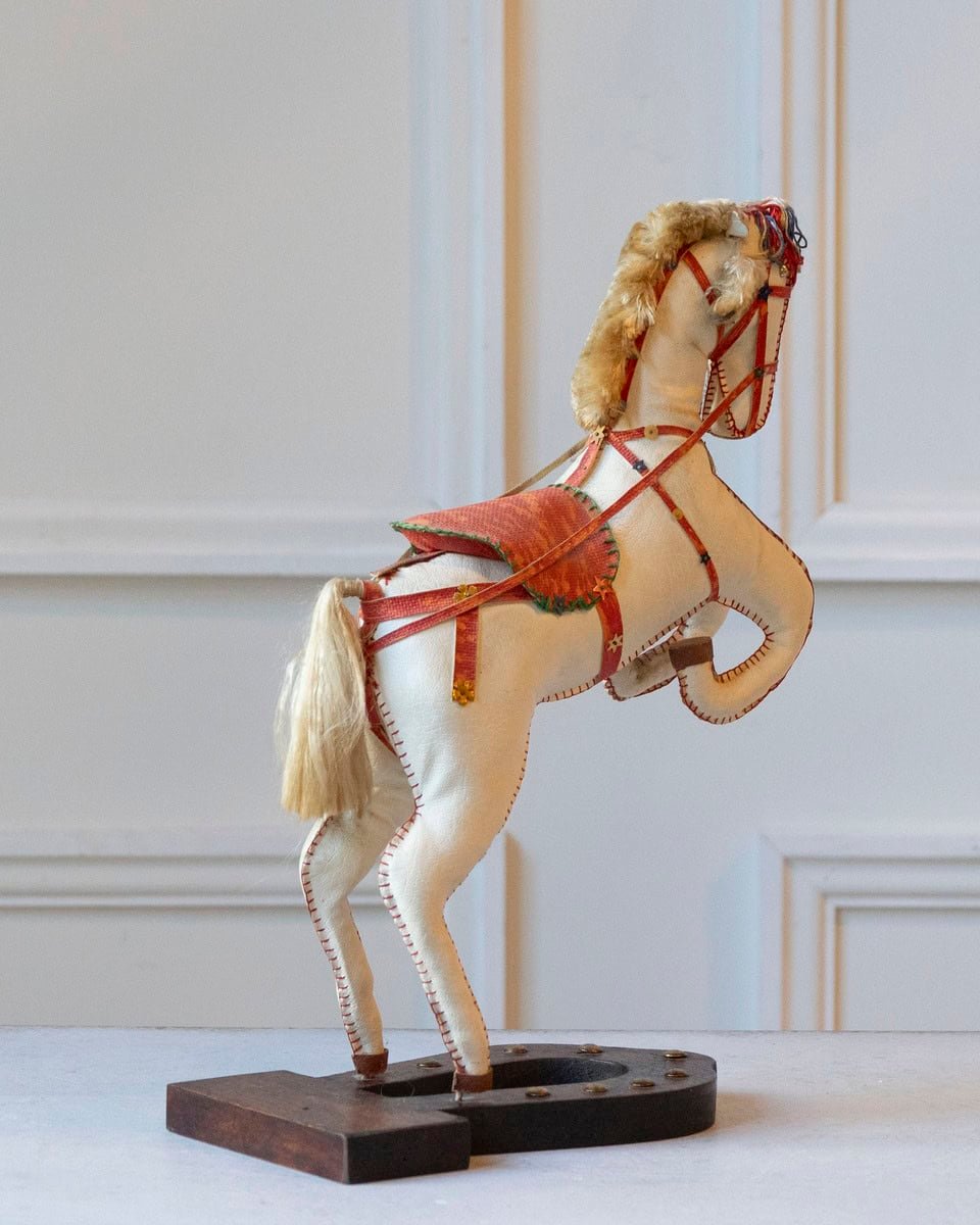 French 20th Century Decorative Moleskin Horse Sculpture with Ornate Polychrome Saddle in Rearing Pose - JAA