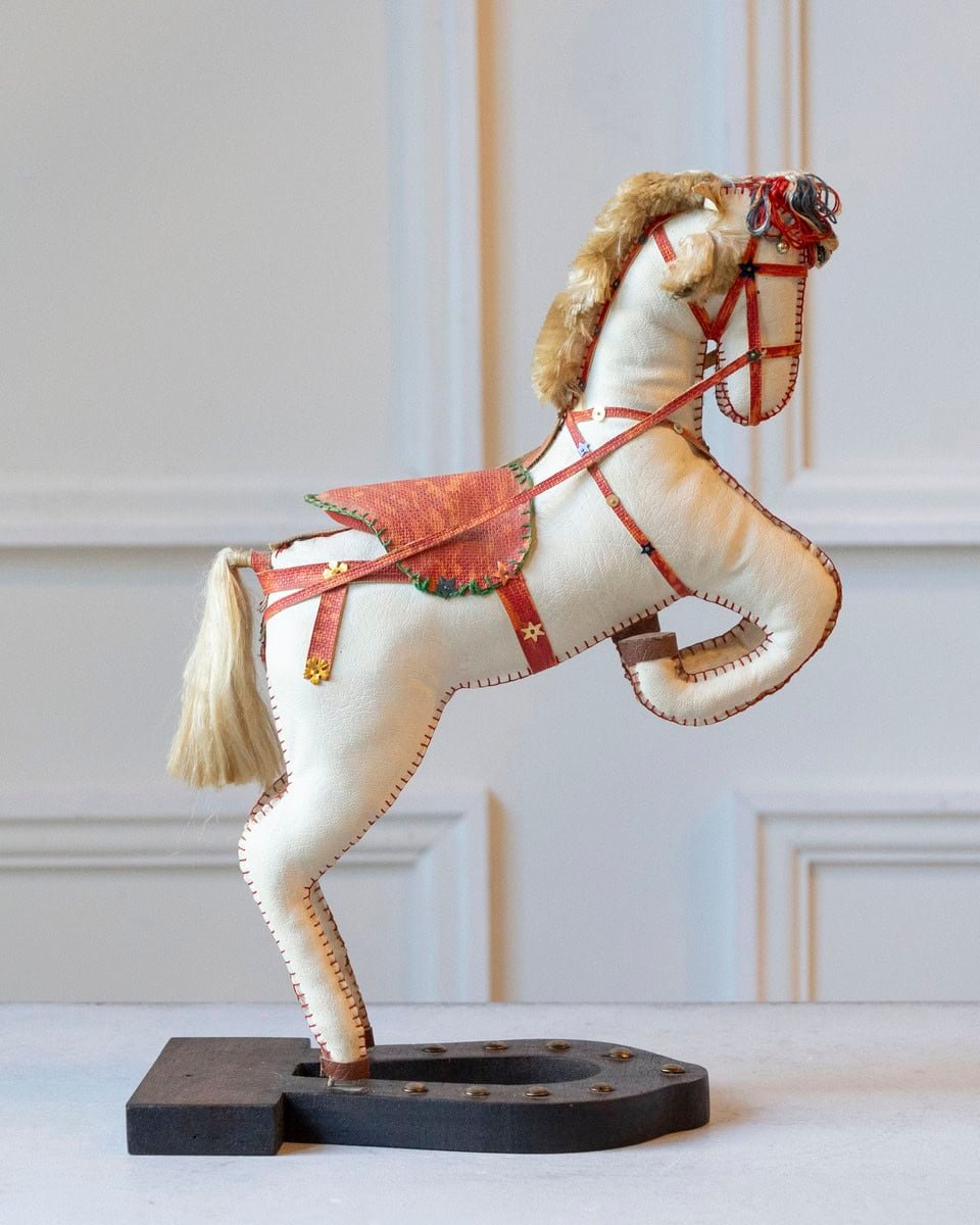 French 20th Century Decorative Moleskin Horse Sculpture with Ornate Polychrome Saddle in Rearing Pose - JAA