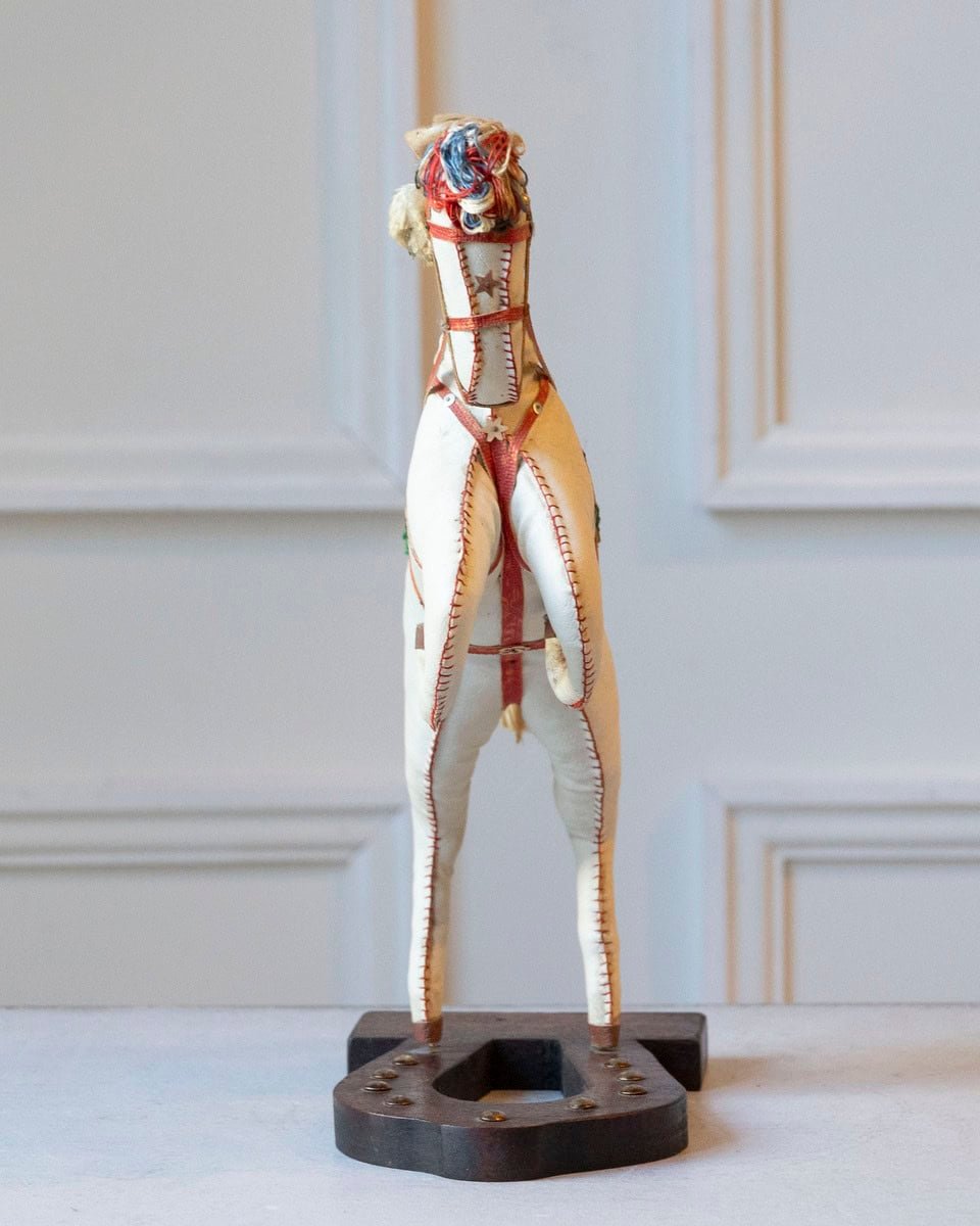 French 20th Century Decorative Moleskin Horse Sculpture with Ornate Polychrome Saddle in Rearing Pose - JAA