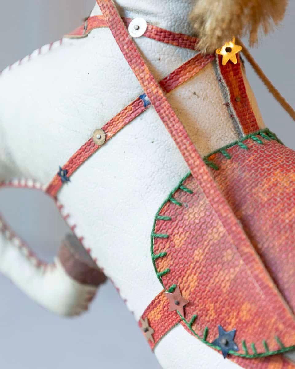 French 20th Century Decorative Moleskin Horse Sculpture with Ornate Polychrome Saddle in Rearing Pose - JAA