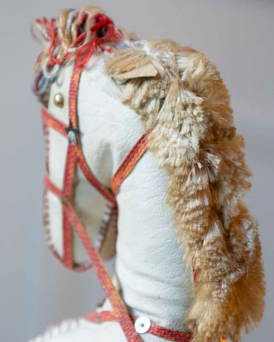 French 20th Century Decorative Moleskin Horse Sculpture with Ornate Polychrome Saddle in Rearing Pose - JAA