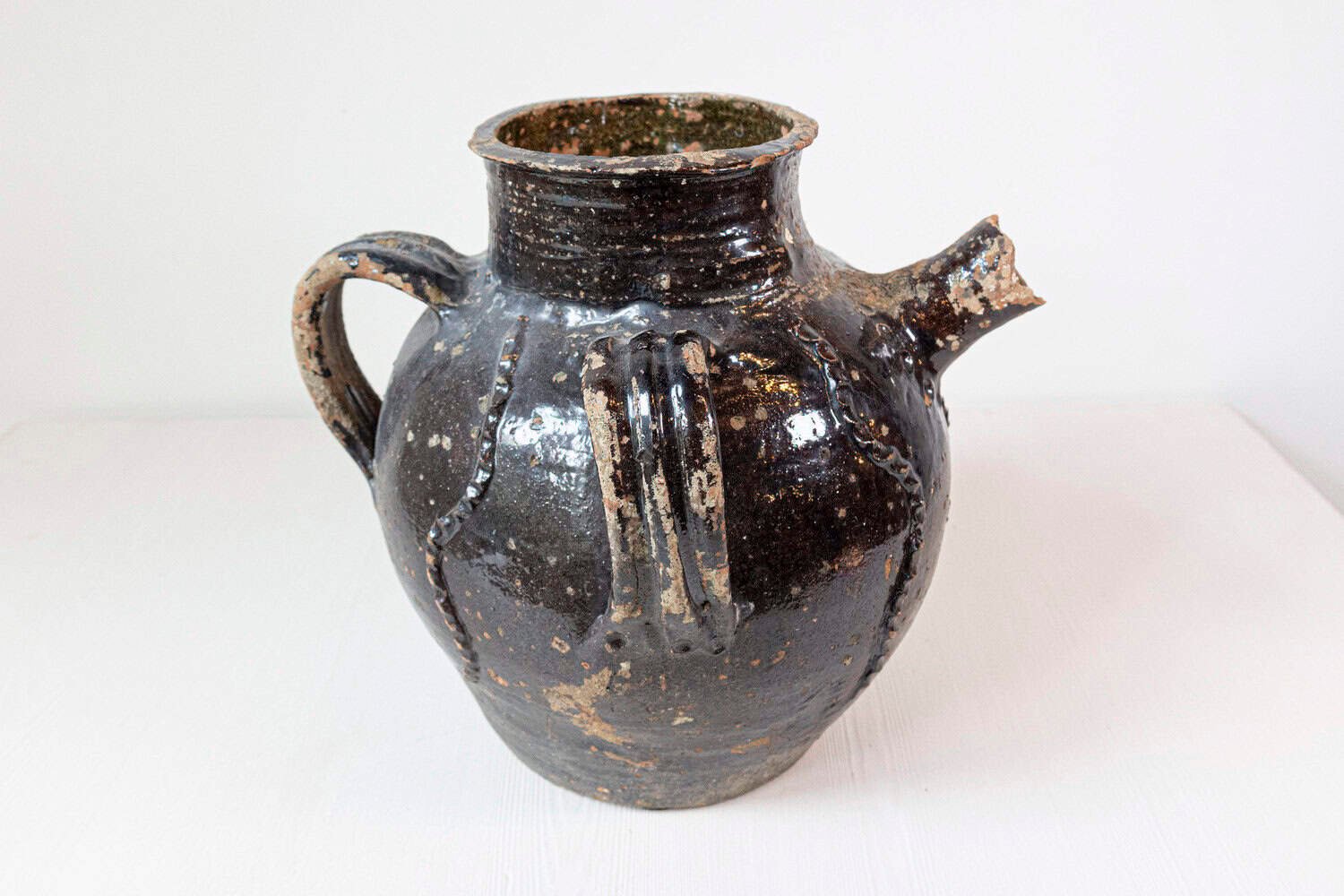 French Provincial 19th Century Glazed Pottery Pouring Jug with Three Handles - JAA