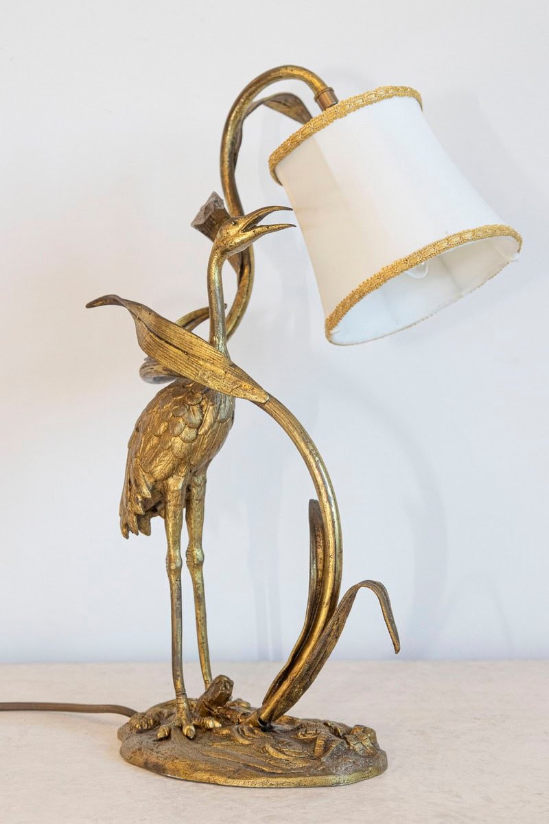 20th Century French Gilt Bronze Heron Lamp with Leaf Motif and Silk Shade - JAA
