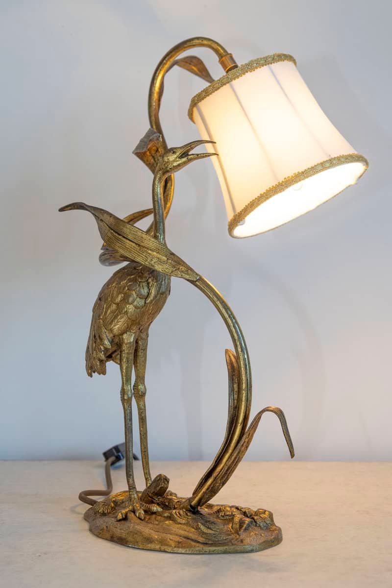 20th Century French Gilt Bronze Heron Lamp with Leaf Motif and Silk Shade - JAA
