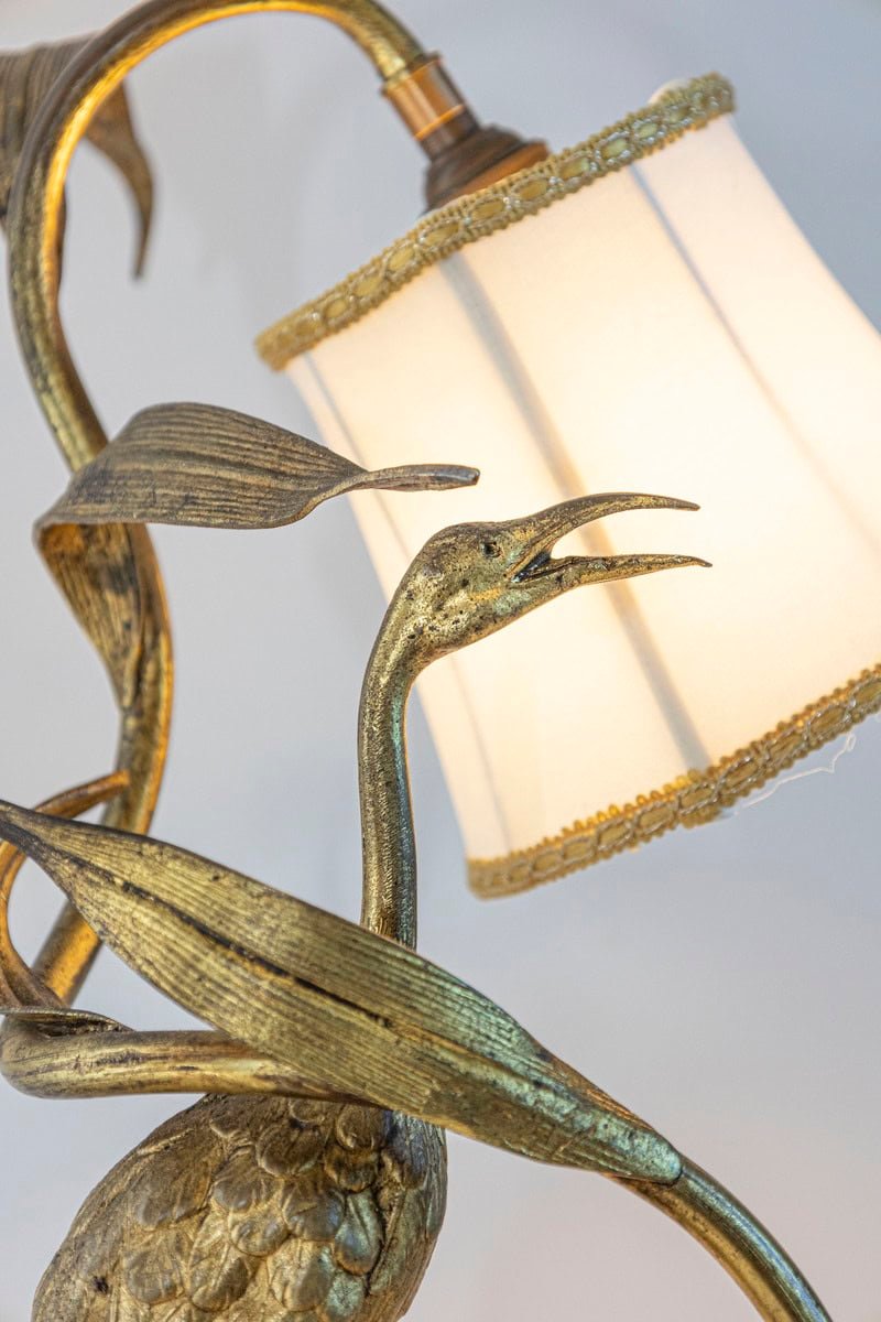 20th Century French Gilt Bronze Heron Lamp with Leaf Motif and Silk Shade - JAA