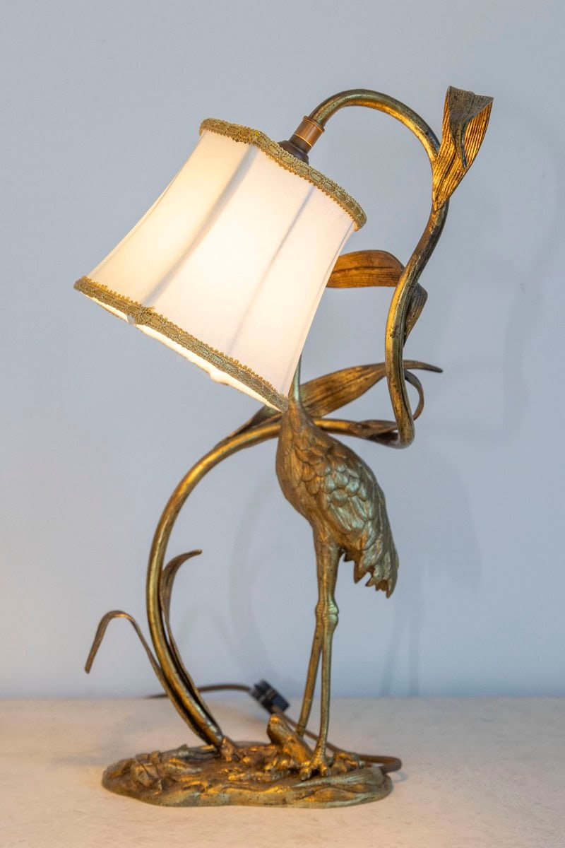 20th Century French Gilt Bronze Heron Lamp with Leaf Motif and Silk Shade - JAA