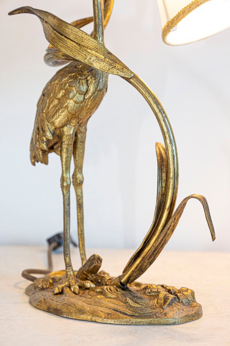 20th Century French Gilt Bronze Heron Lamp with Leaf Motif and Silk Shade - JAA