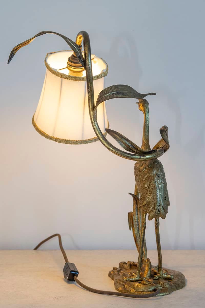 20th Century French Gilt Bronze Heron Lamp with Leaf Motif and Silk Shade - JAA