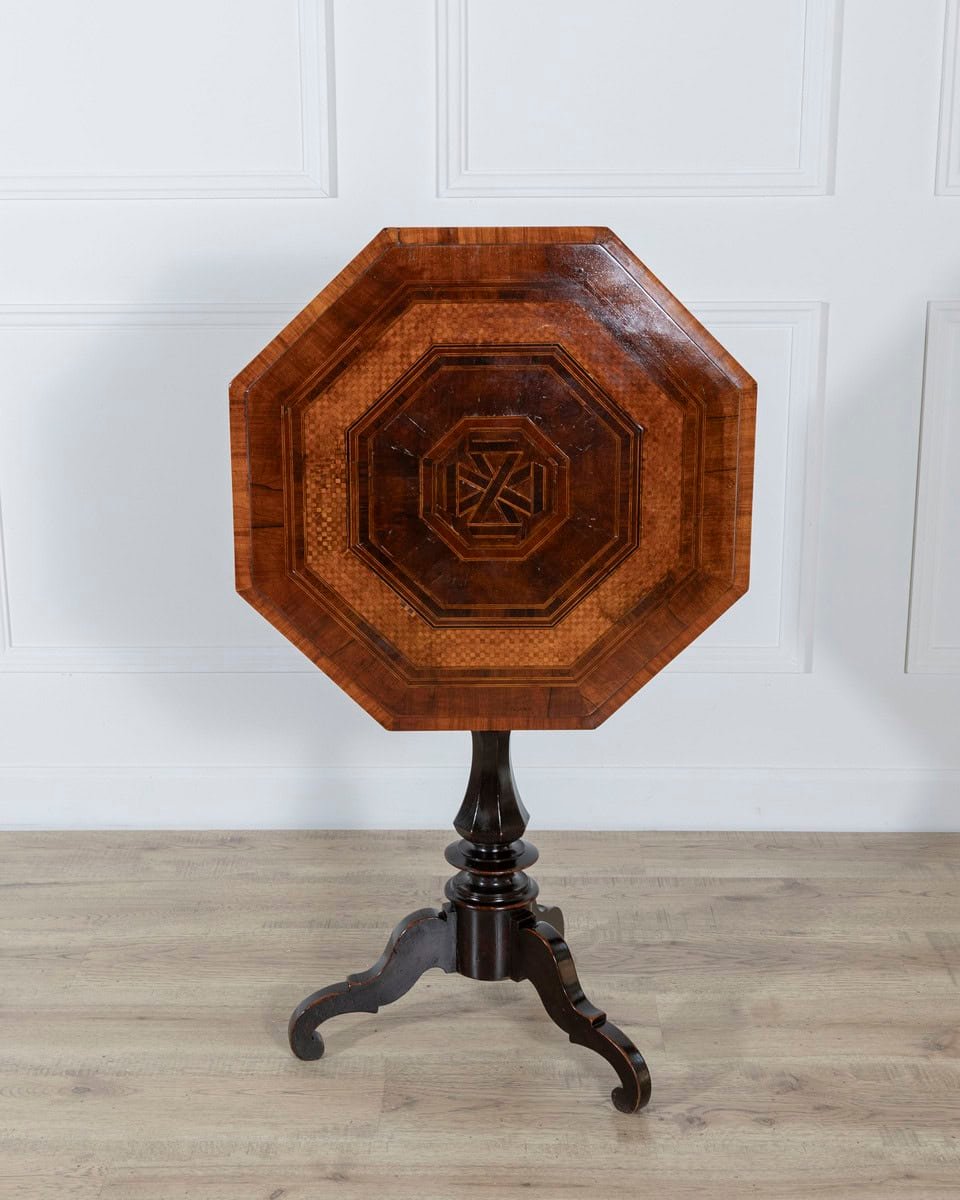 Empire Octagonal Sail Table in Walnut with Precious Wood Veneer, Milan, Early 19th Century - JAA