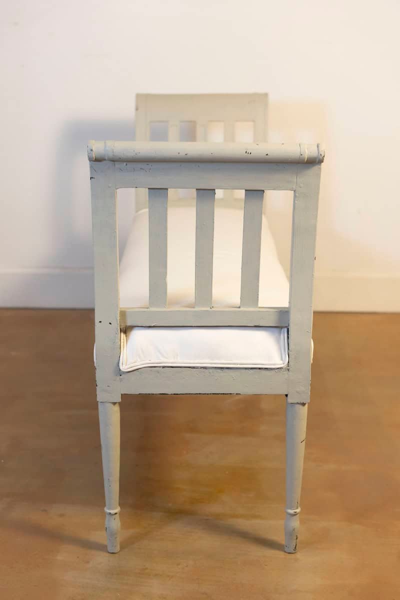 Italian 1890s Painted Wood Classical Bench with Scrolling Arms and Upholstery - JAA