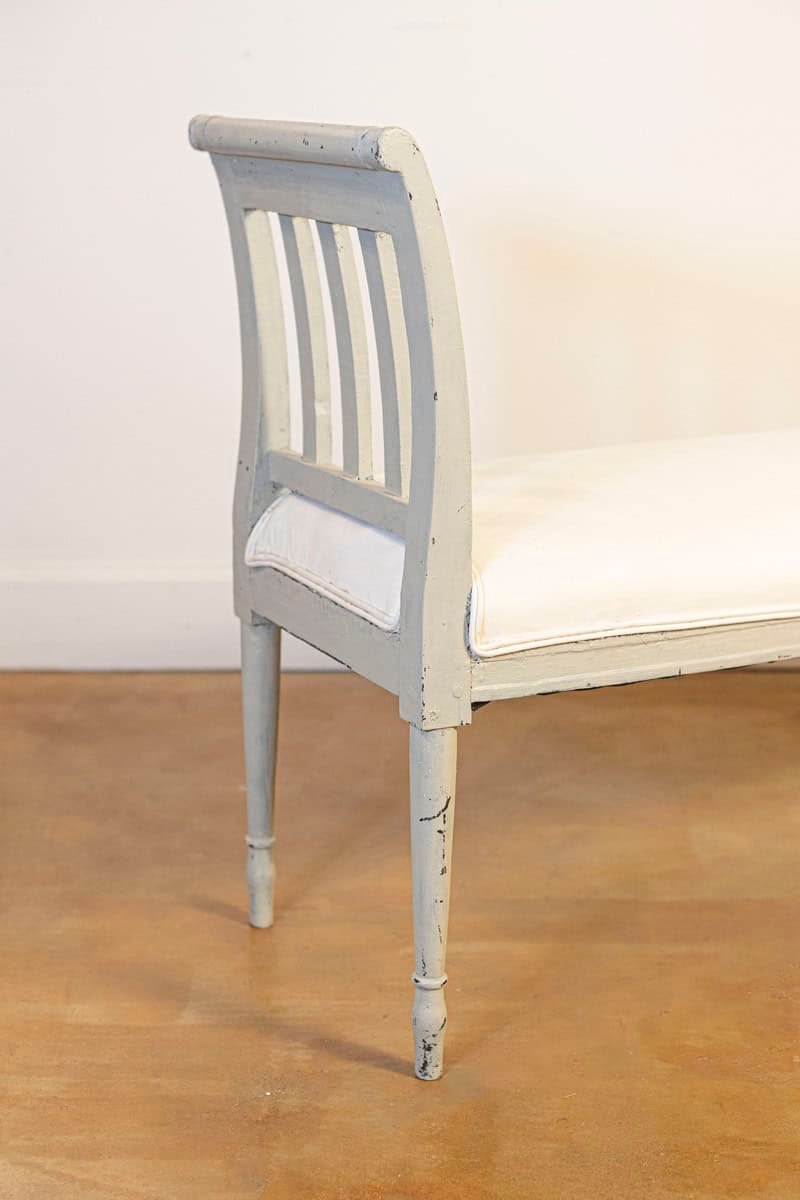 Italian 1890s Painted Wood Classical Bench with Scrolling Arms and Upholstery - JAA