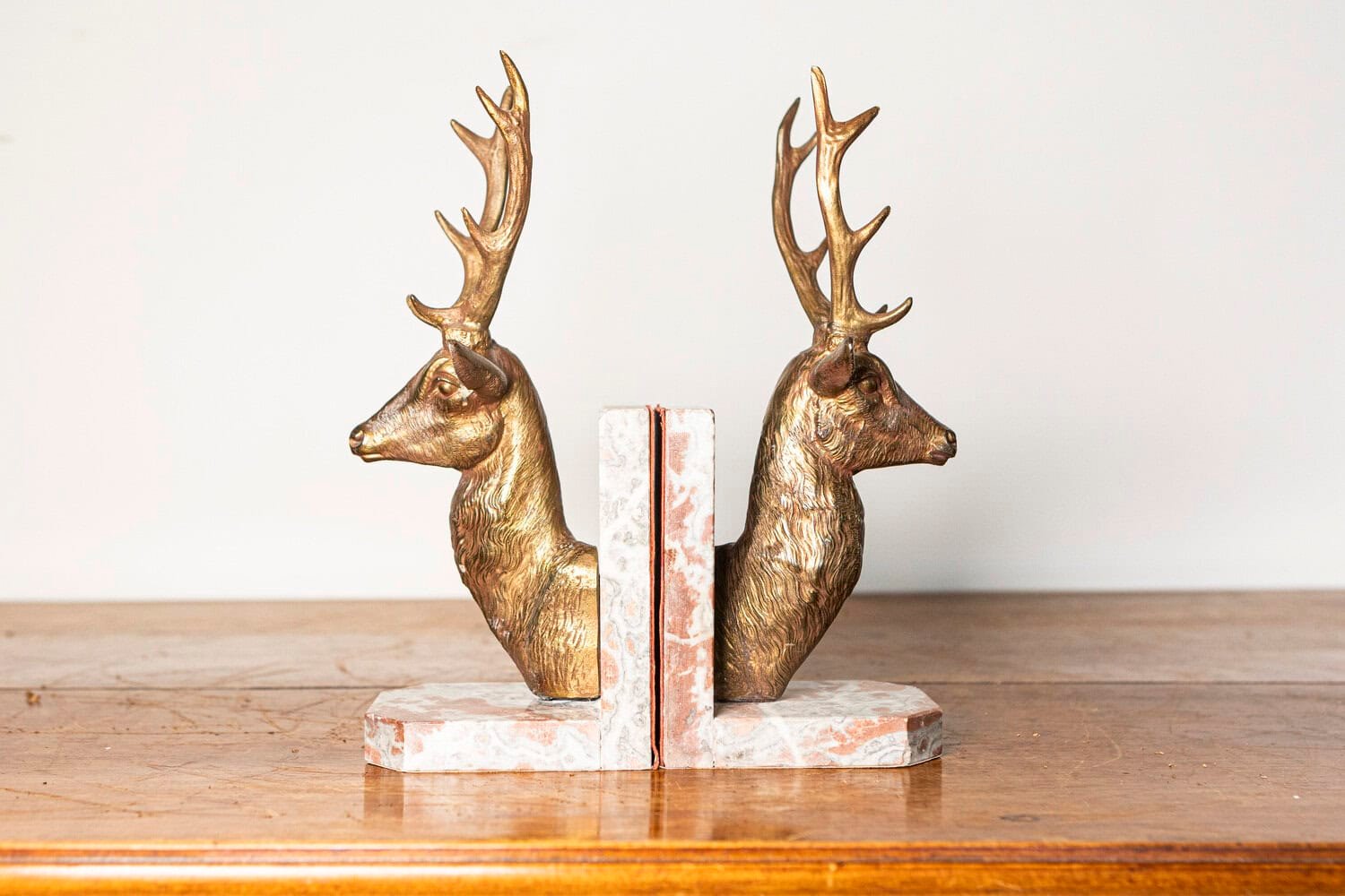Pair of 20th-Century French Stag Bookends in Gilded Metal and Marble - JAA