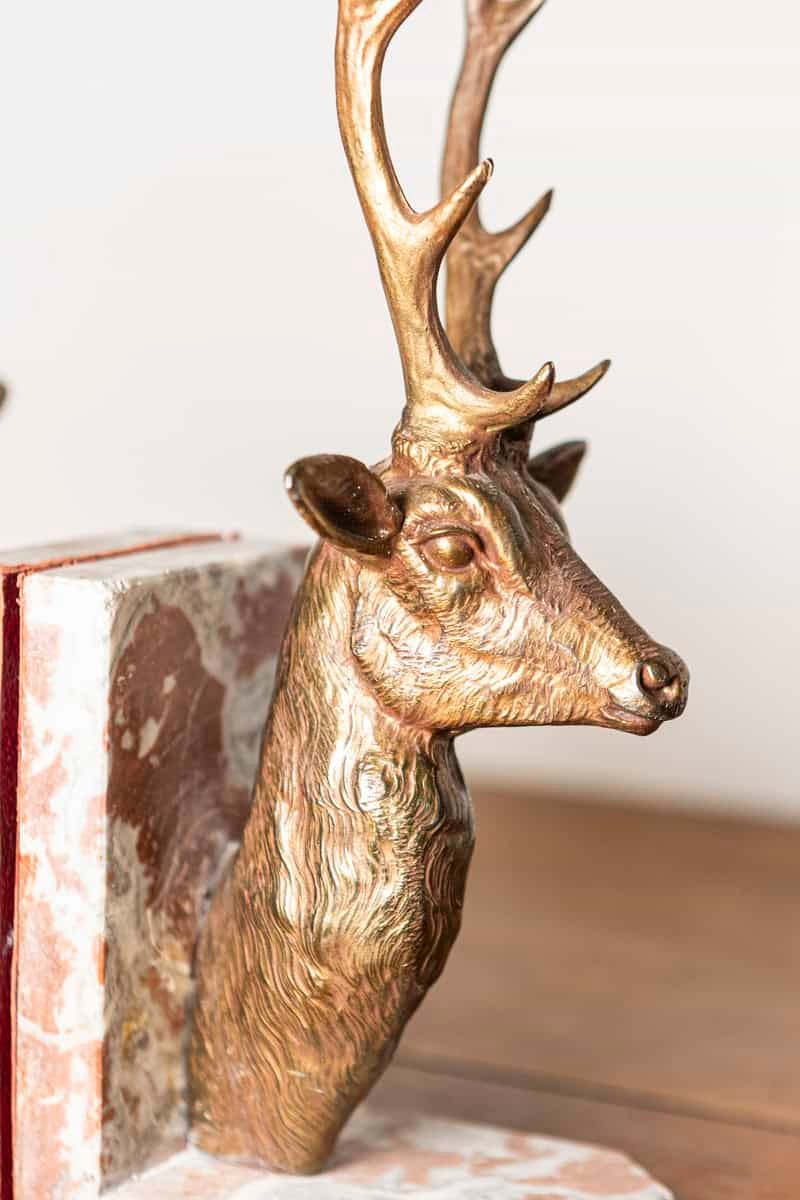 Pair of 20th-Century French Stag Bookends in Gilded Metal and Marble - JAA