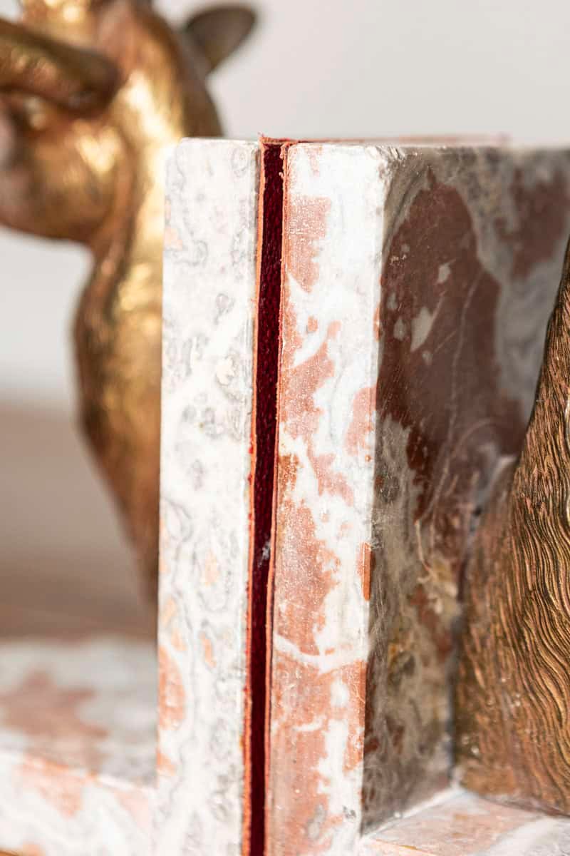 Pair of 20th-Century French Stag Bookends in Gilded Metal and Marble - JAA