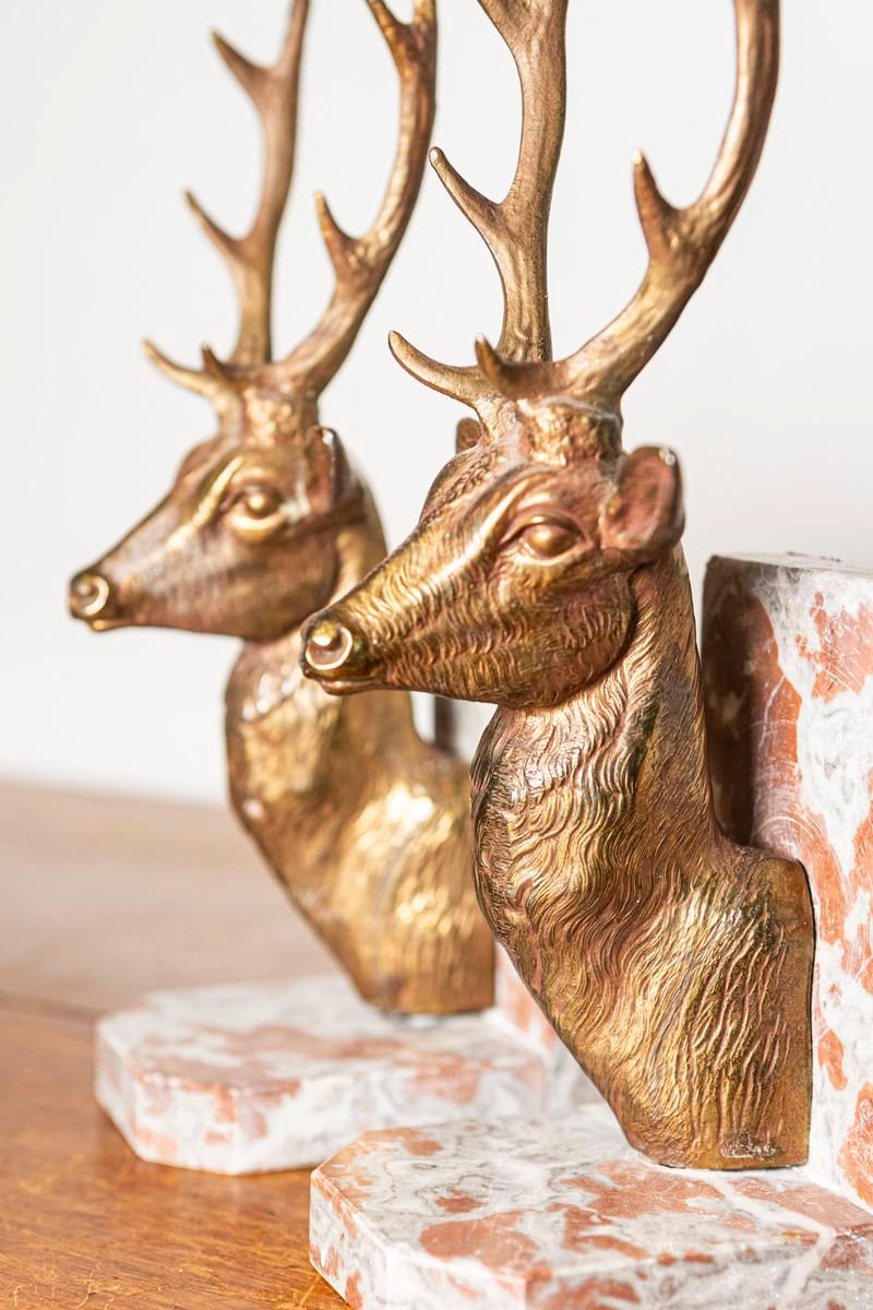 Pair of 20th-Century French Stag Bookends in Gilded Metal and Marble - JAA