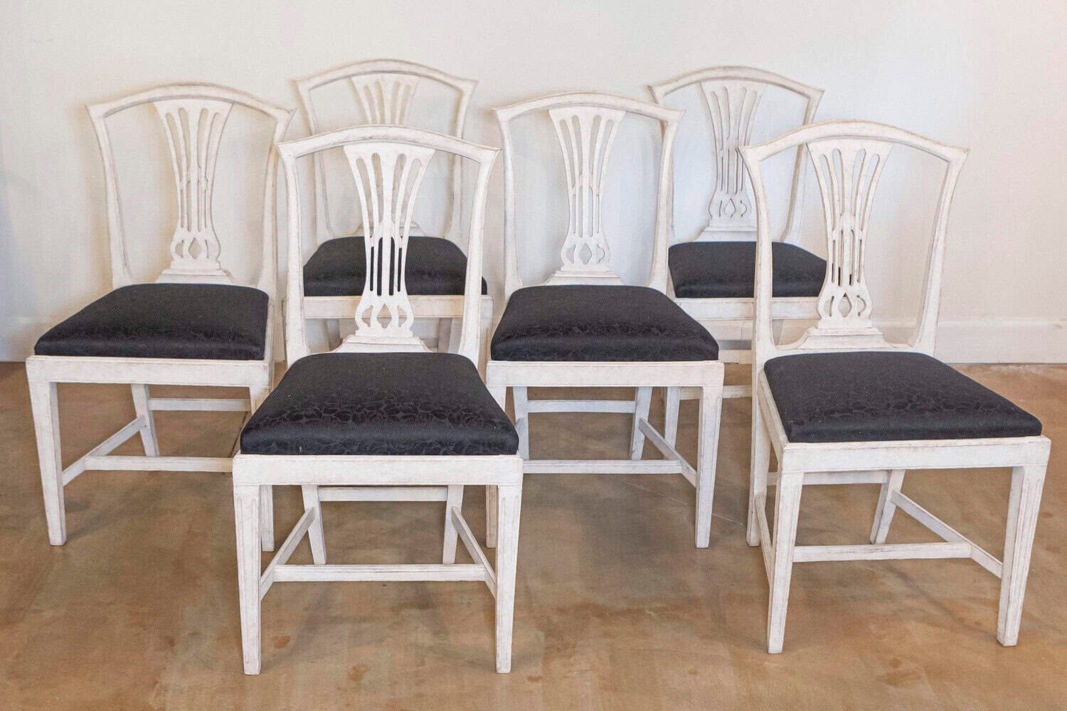 Set of Six Swedish 1890s Painted Wood Dining Room Side Chairs with Black Fabric - JAA