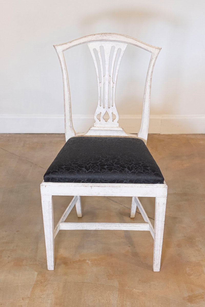 Set of Six Swedish 1890s Painted Wood Dining Room Side Chairs with Black Fabric - JAA