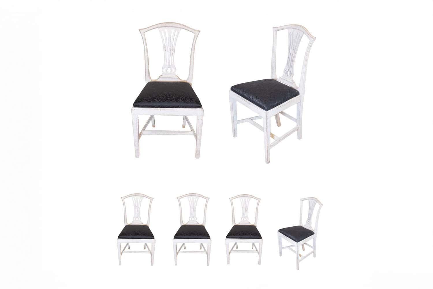 Set of Six Swedish 1890s Painted Wood Dining Room Side Chairs with Black Fabric