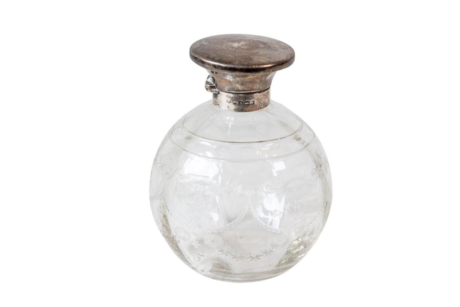Small English 20th Century Glass Vanity Bottle with Silver Lid and Etched Design