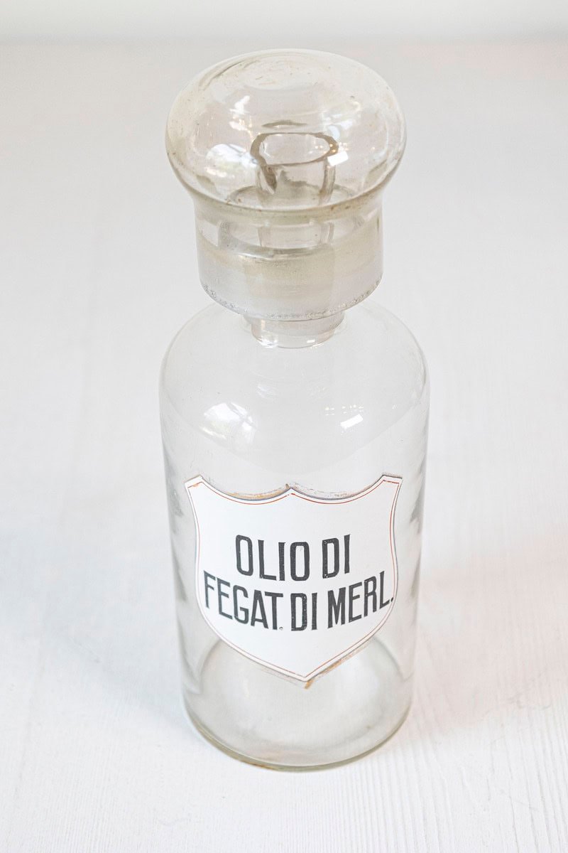 Italian 20th Century Clear Glass Apothecary Pharmacy Jar with Original Italian Label and Stopper - JAA