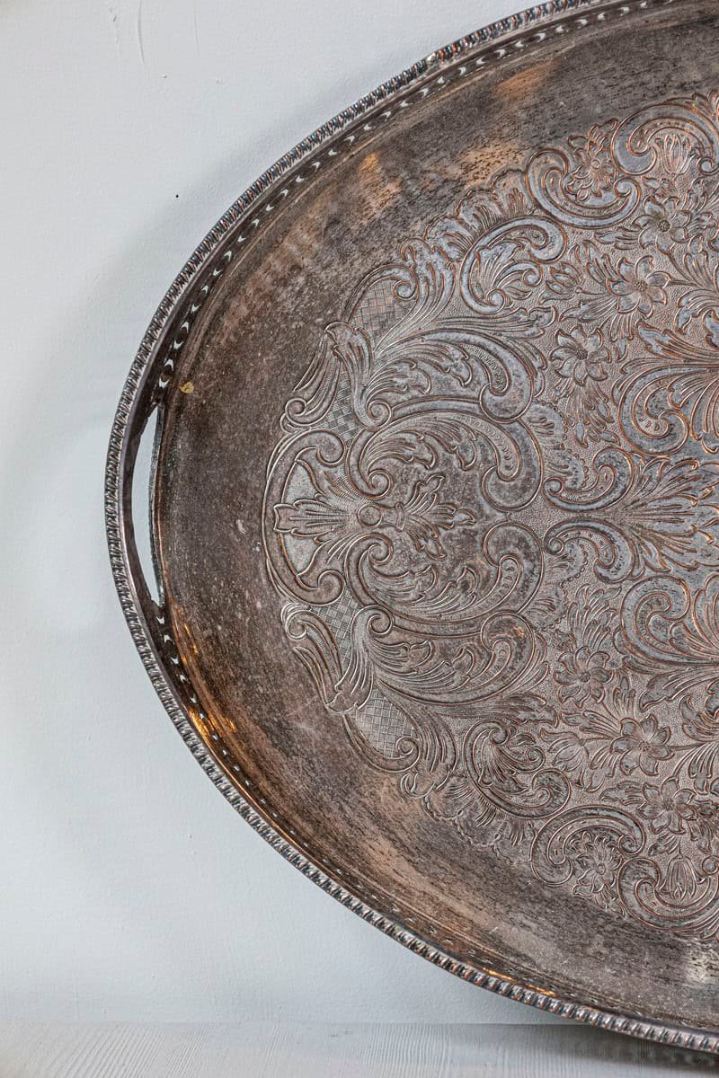 English Edwardian Period Early 20th Century Silver Plated Tray with Pierced Motifs and C-Scrolls - JAA
