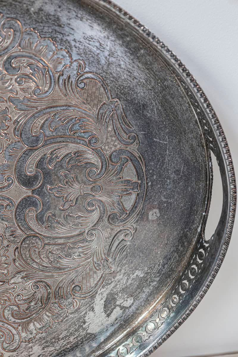 English Edwardian Period Early 20th Century Silver Plated Tray with Pierced Motifs and C-Scrolls - JAA