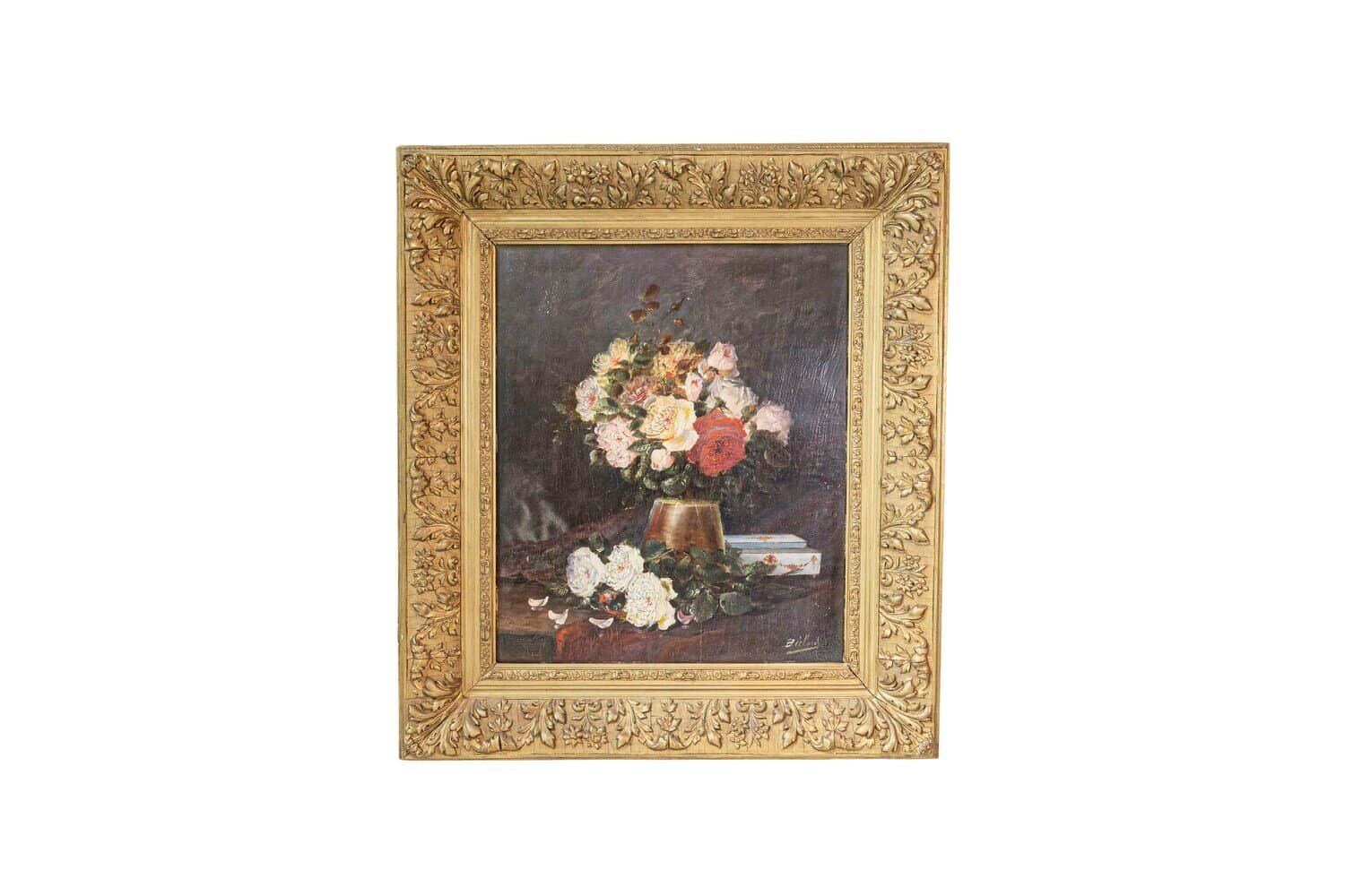 19th Century French Floral Still-Life Painting Depicting Roses in Original Frame - JAA