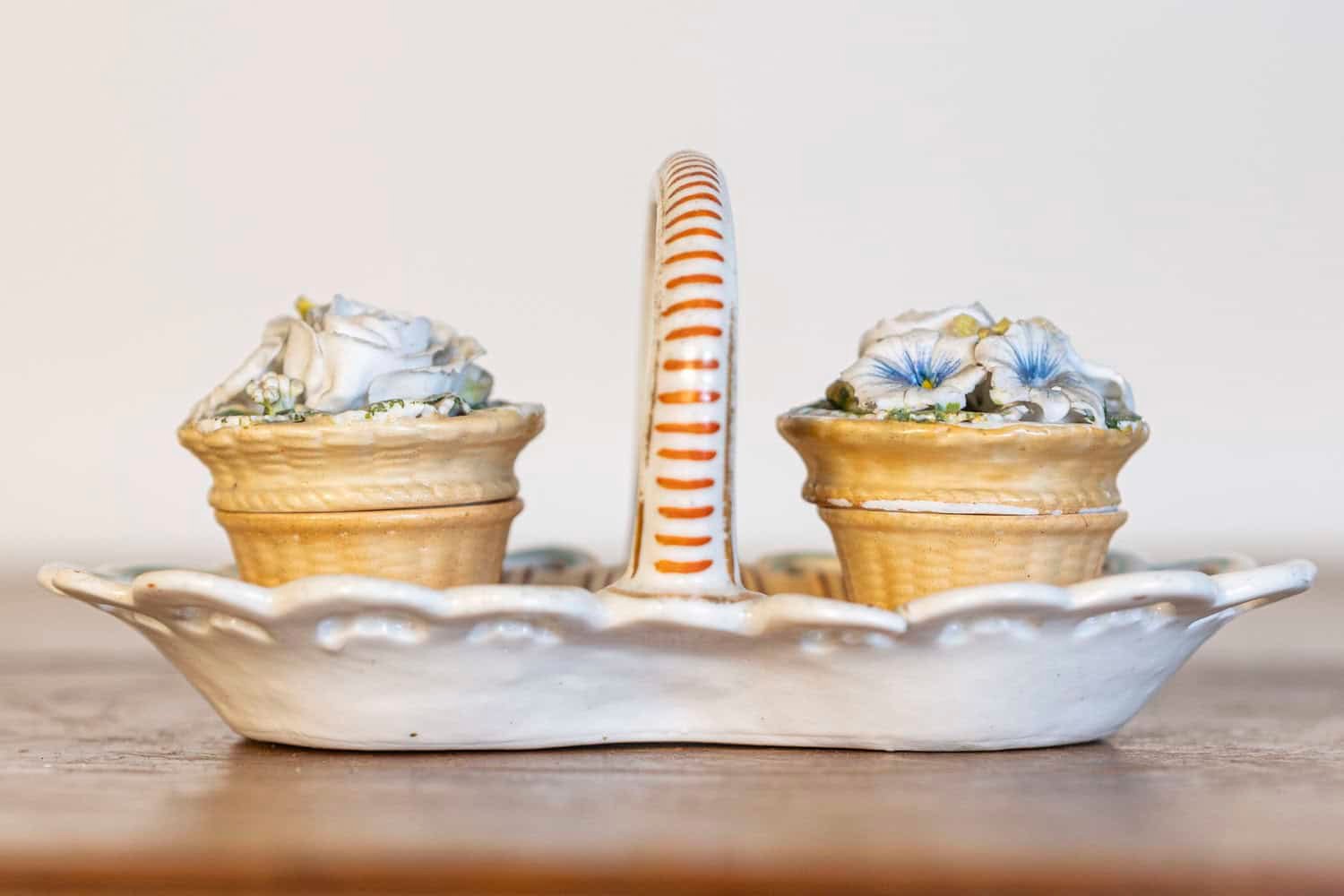 Small Italian 1860s Painted Ceramic Floral Desk Set with Ink and Sand Containers - JAA