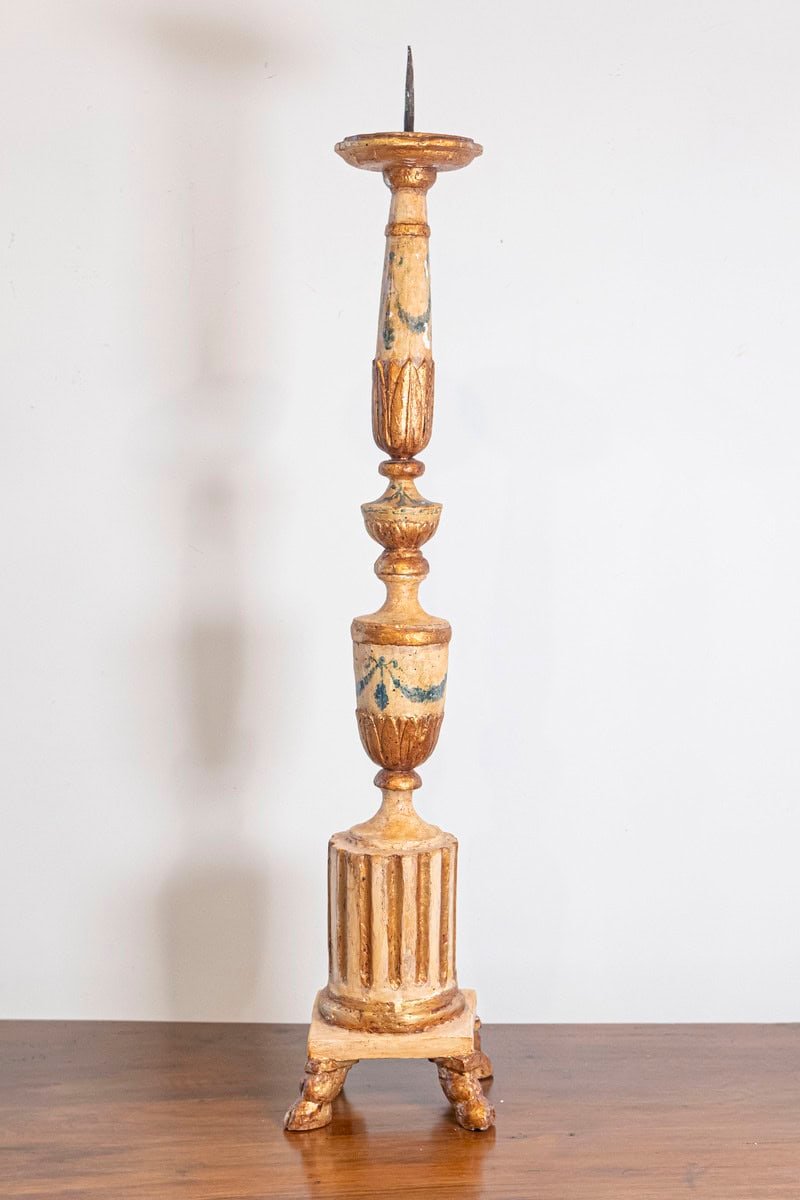 Pair of 18th Century Neoclassical Painted and Gilded Candlesticks with Hoof Feet - JAA