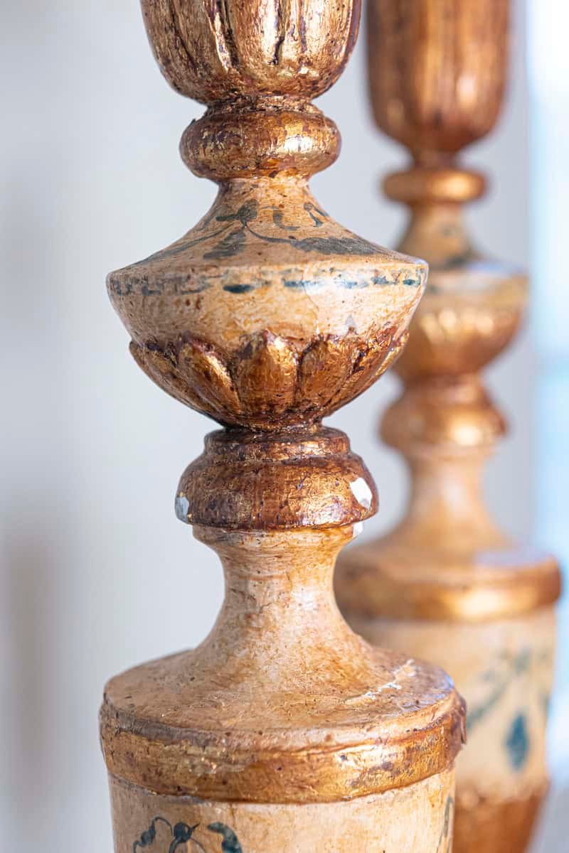 Pair of 18th Century Neoclassical Painted and Gilded Candlesticks with Hoof Feet - JAA