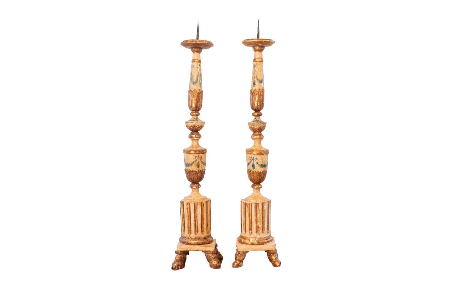 Pair of 18th Century Neoclassical Painted and Gilded Candlesticks with Hoof Feet