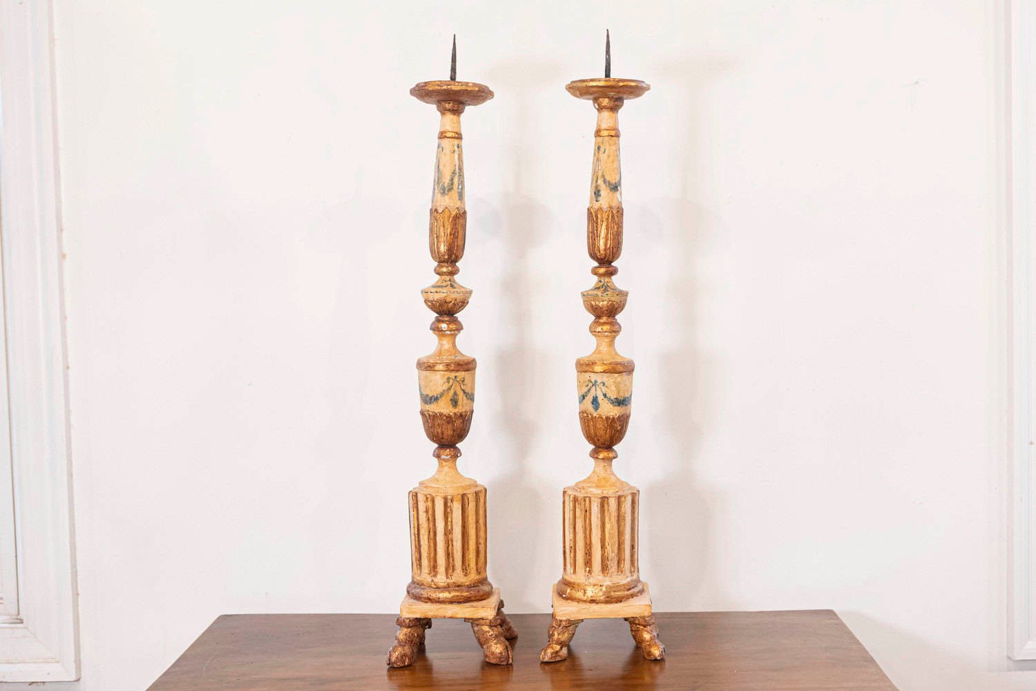 Pair of 18th Century Neoclassical Painted and Gilded Candlesticks with Hoof Feet - JAA