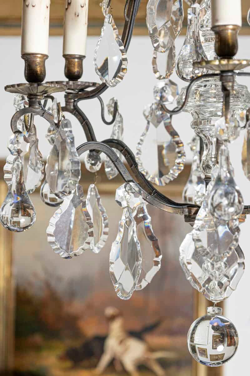 French 19th Century Six-Light Brass Chandelier with Pendeloques and Teardrops - JAA