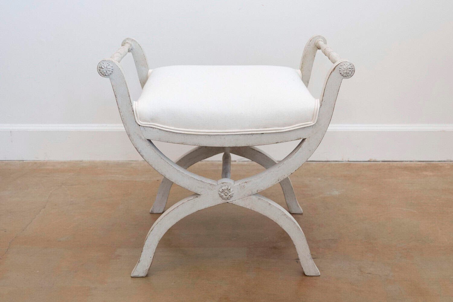 Swedish 1830s Empire Style Painted and Upholstered Stool with Spindle Arms - JAA