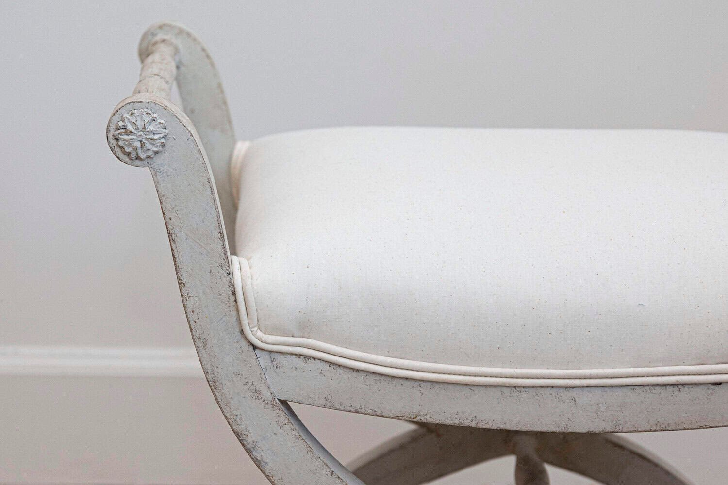 Swedish 1830s Empire Style Painted and Upholstered Stool with Spindle Arms - JAA
