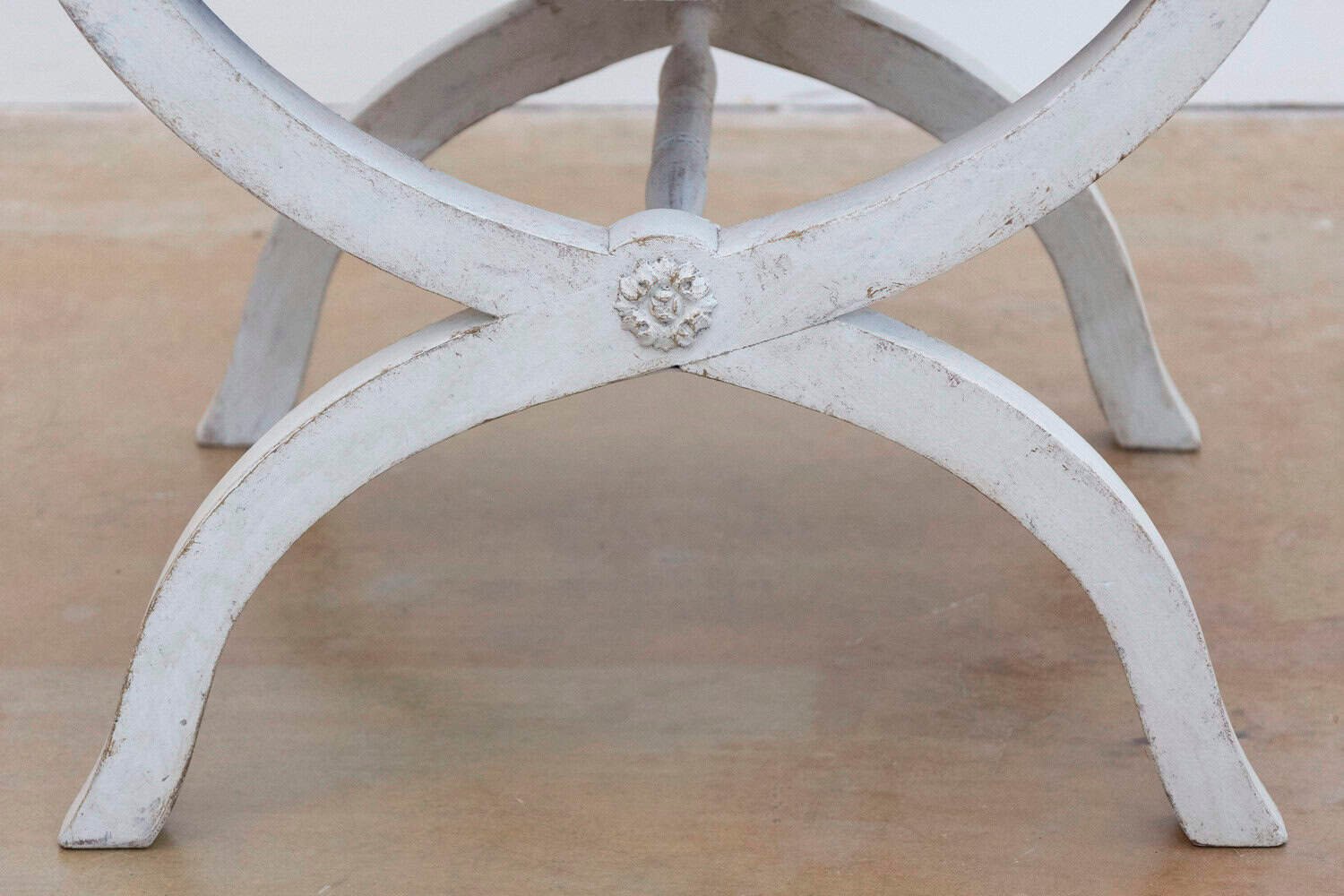 Swedish 1830s Empire Style Painted and Upholstered Stool with Spindle Arms - JAA