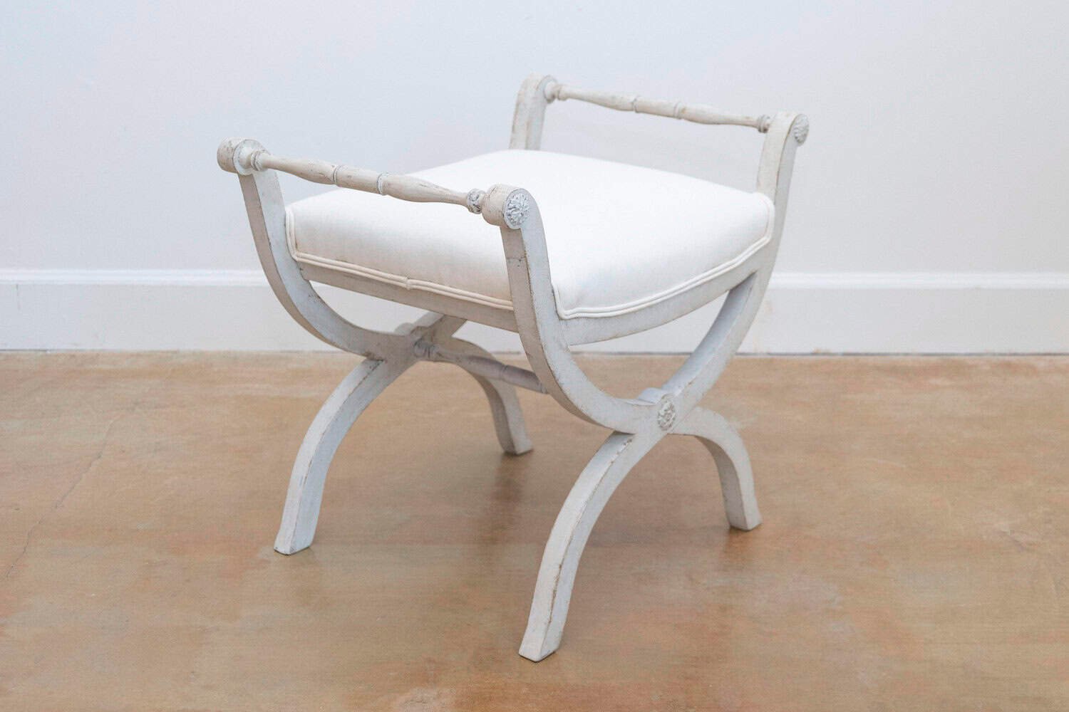Swedish 1830s Empire Style Painted and Upholstered Stool with Spindle Arms - JAA
