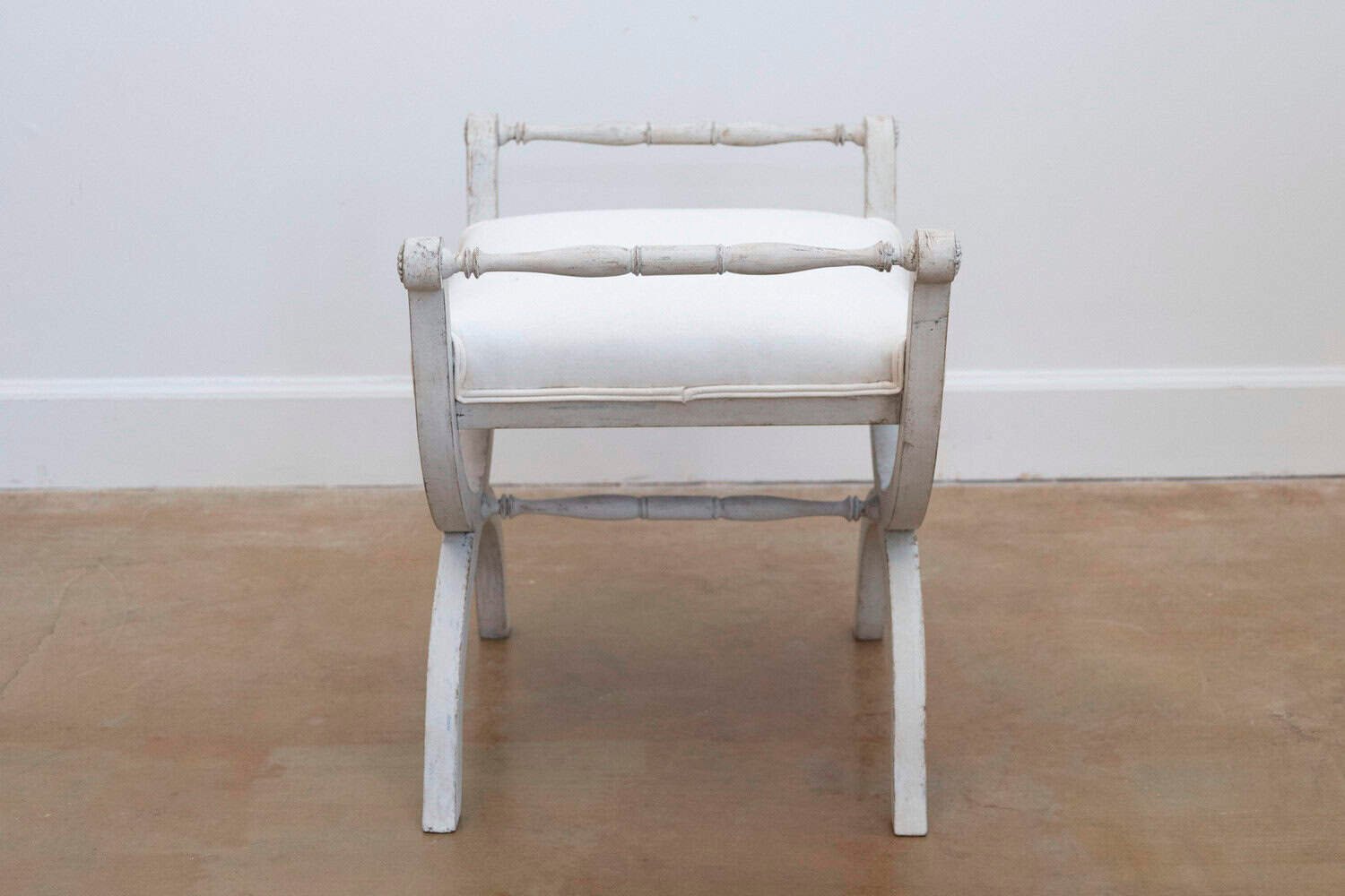 Swedish 1830s Empire Style Painted and Upholstered Stool with Spindle Arms - JAA
