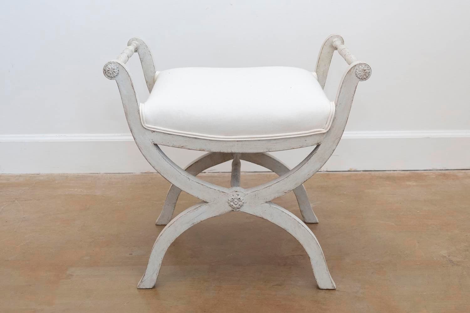 Swedish 1830s Empire Style Painted and Upholstered Stool with Spindle Arms - JAA