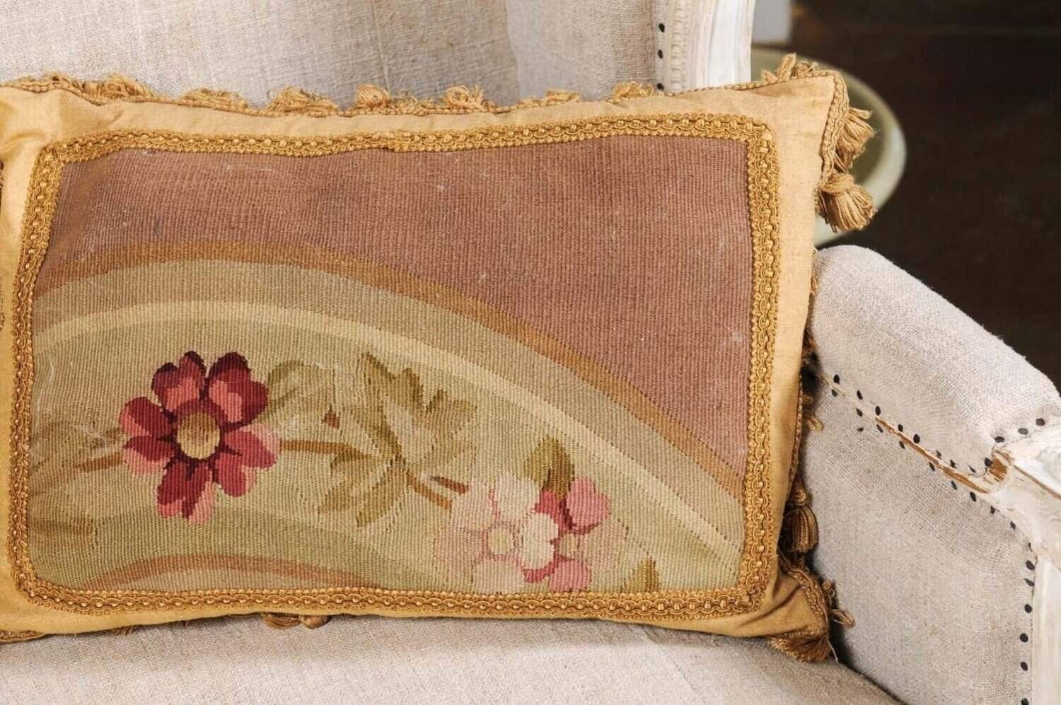 Pair of French 19th Century Aubusson Tapestry Pillows with Flowers and Tassels - JAA