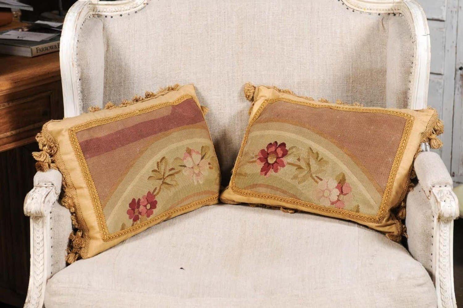 Pair of French 19th Century Aubusson Tapestry Pillows with Flowers and Tassels - JAA