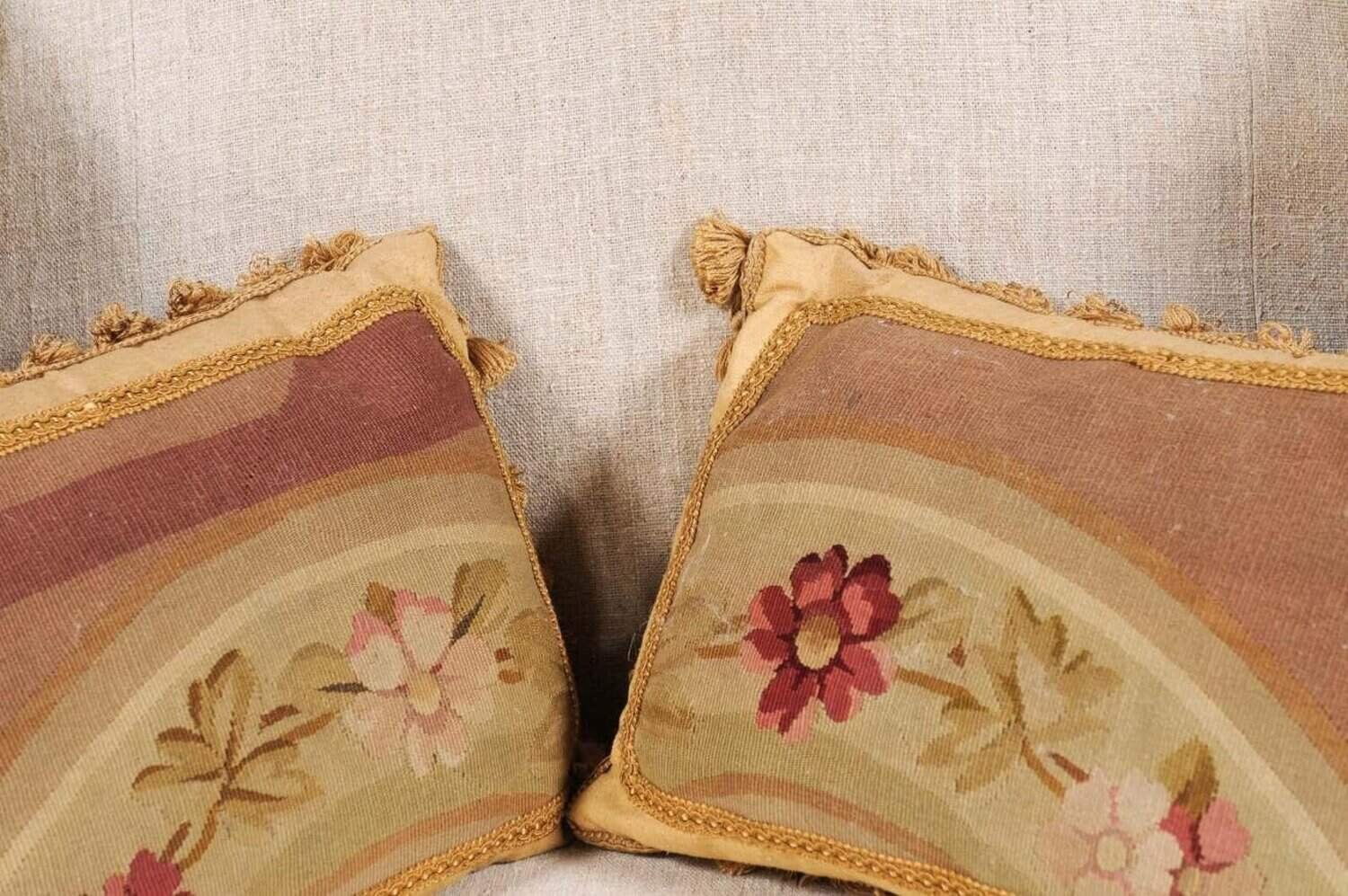 Pair of French 19th Century Aubusson Tapestry Pillows with Flowers and Tassels - JAA