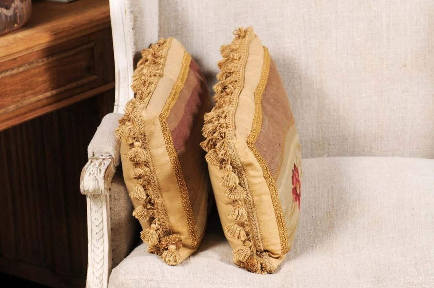Pair of French 19th Century Aubusson Tapestry Pillows with Flowers and Tassels - JAA