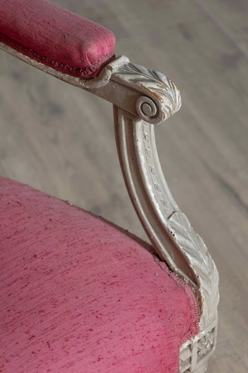 French Louis XVI Style 19th Century Painted Fauteuil with Abundant Carved Décor, SOLD EACH. - JAA