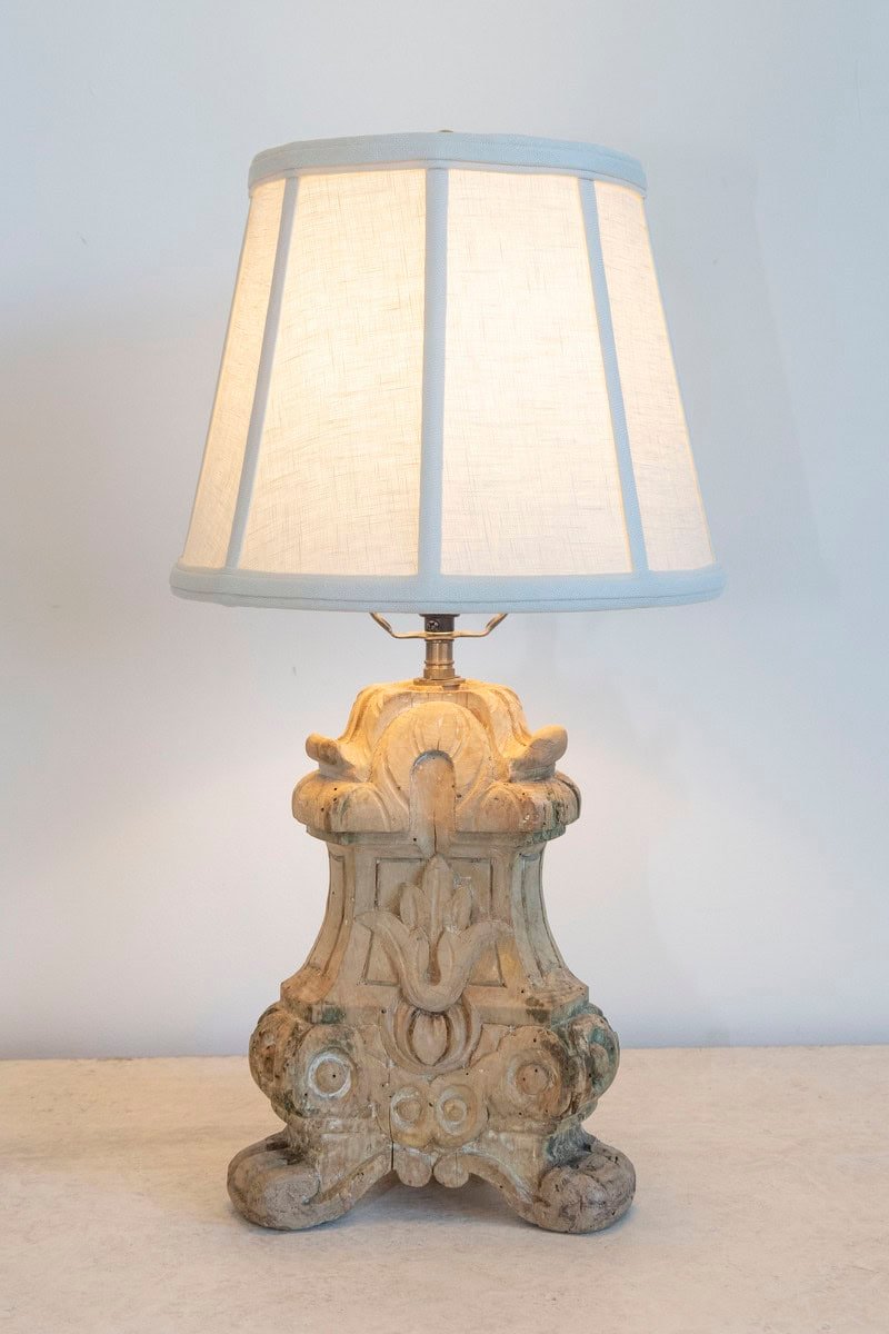 18th-Century French Baroque Carved Wood Altar Candlestick Lamp - JAA