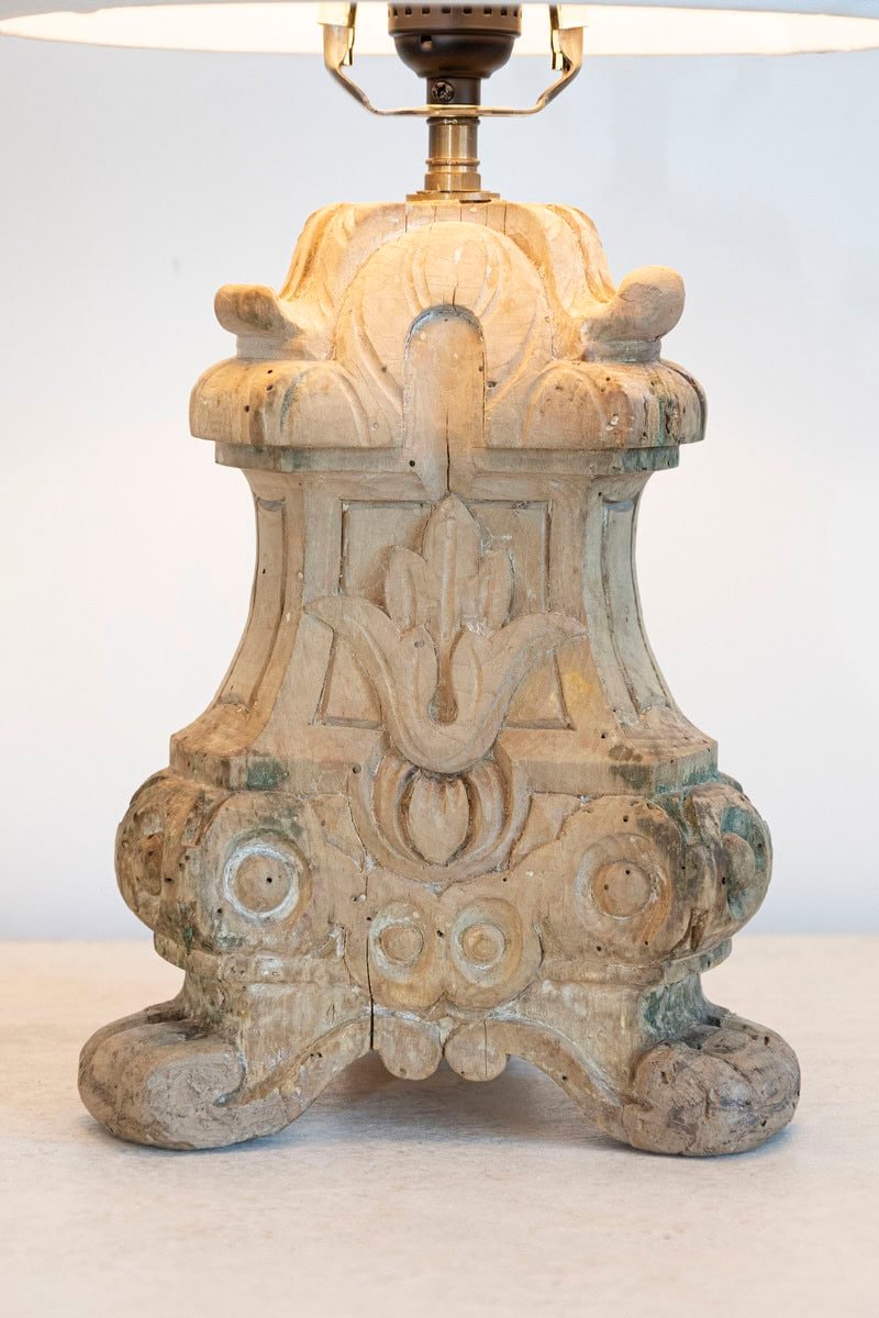 18th-Century French Baroque Carved Wood Altar Candlestick Lamp - JAA