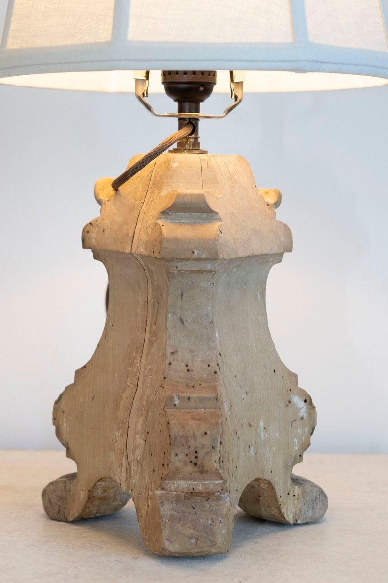 18th-Century French Baroque Carved Wood Altar Candlestick Lamp - JAA